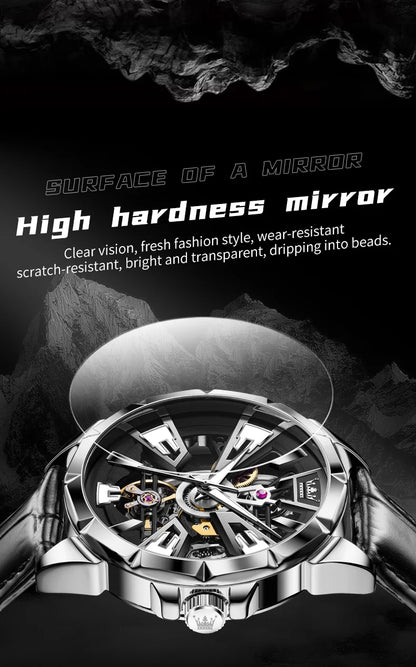 OLEVS 7051 Fashion Men's Watch Leather Strap 30M Waterproof Hollow HD Luminous Automatic Mechanical Wristwatch for Men
