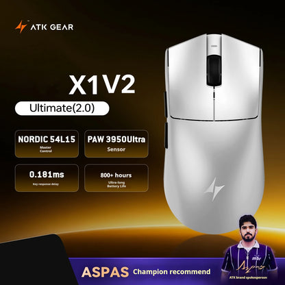 Rato Gaming Sem Fios ATK X1 V2 Ultimate 2.0 Paw3950 Utrla 54g Leve 750ips 0.163ms Baixa Latência 650ips — Novo Acessório para Oferta
