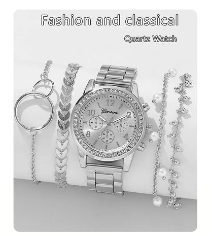 5PCS Quartz Watch Set Women Fashion Silver Round 3 Eyes Alloy Strap Wristwatch Gift Rhinestone Watch For Women Jewelry Set