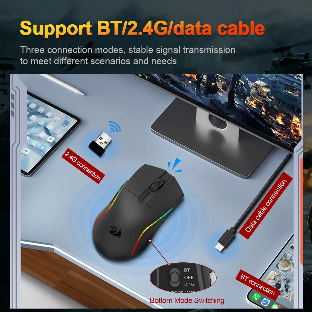 Mouse gaming REDRAGON DEICIDE M816 PRO RGB USB cu suport Bluetooth 2.4G wireless, 26000 DPI, 6 butoane pentru gameri, mouse cu fir pentru computer