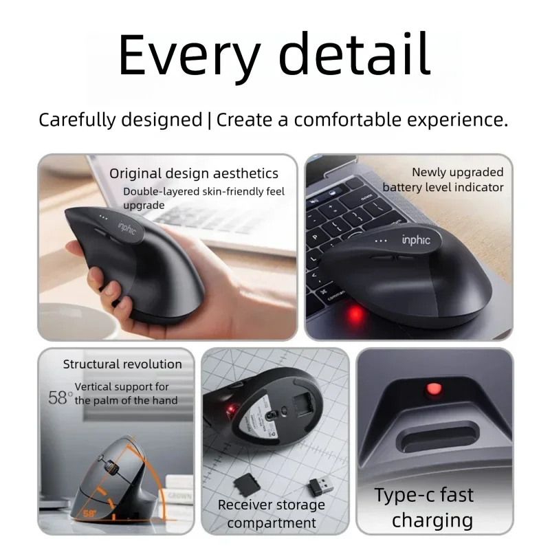 Ratón inalámbrico vertical Inphic X9 PRO con carga rápida Type-C, ergonómico y silencioso, para oficina, portátil, PC, ordenador y gaming