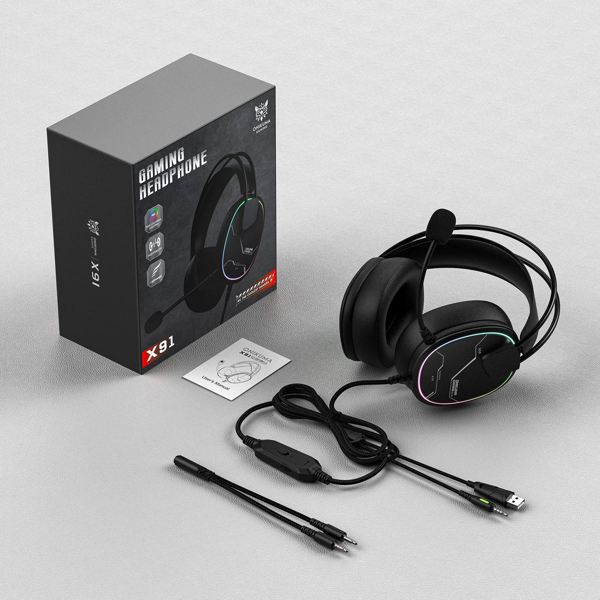 ONIKUMA X91, casque de jeu filaire avec éclairage RGB, casque supra-auriculaire avec microphone flexible, prise audio 3,5 mm pour PC, PS4, ordinateur portable, idéal pour les joueurs.
