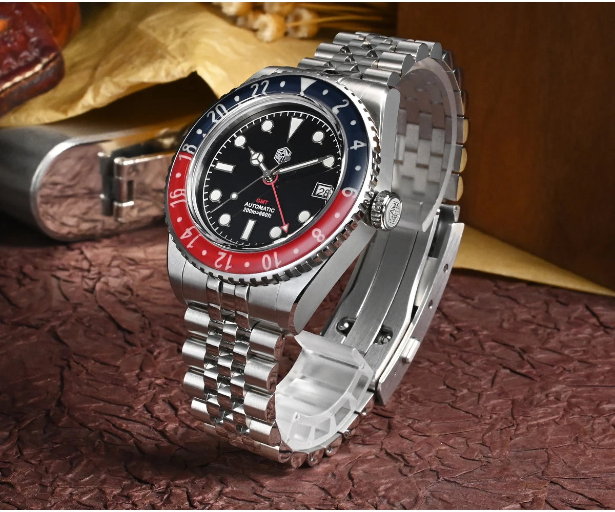 San Martin 40mm SN0005 Retro GMT NH34 Automatic Distressed Patina Dial Bi-color Sapphire Bezel Jubilee Mens Watches 20Bar Lume