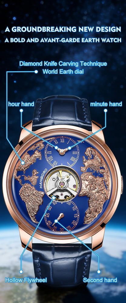 HANBORO World Time Series Men's Fully Automatic Mechanical Watch with Hollow Flywheel World Earth Personality Watch 1026