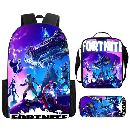 Cute Cartoon 3pcs Set School Backpack with Lunch Bag and Pencil Case, Large Anime Fortnite Kids School Bags for Boys and Girls