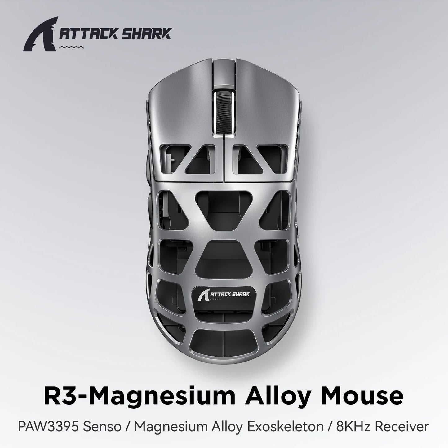 Rato ATTACK SHARK R3 8KHz em liga de magnésio, sensor PixArt PAW3395, até 26000 DPI, 2.4G/BT/com fios, ultraleve de 46g, para PC/Mac