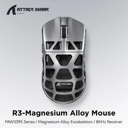 Rato ATTACK SHARK R3 8KHz em liga de magnésio, sensor PixArt PAW3395, até 26000 DPI, 2.4G/BT/com fios, ultraleve de 46g, para PC/Mac