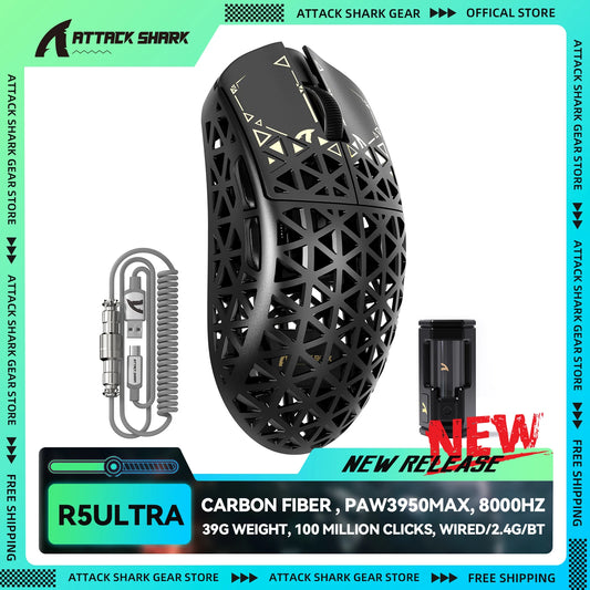 Ratón gaming inalámbrico ATTACK SHARK R5Ultra de fibra de carbono 8K PAW3950MAX con cable enrollado 8K