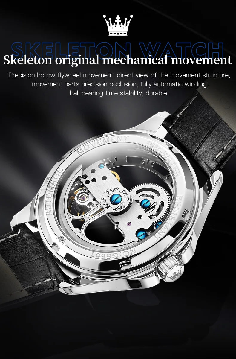 OLEVS 6661 Men's Top Brand Luxury All-Transparent Hollow Mechanical Watch, Original Fashion, Waterproof Classic Design