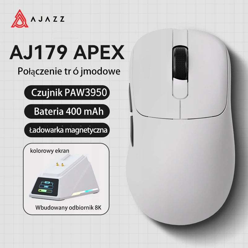 Ratón gaming AJAZZ AJ179 APEX con base de pantalla a color, carga magnética, alta frecuencia de 8000Hz, trimodo (PAW3950), para diestros