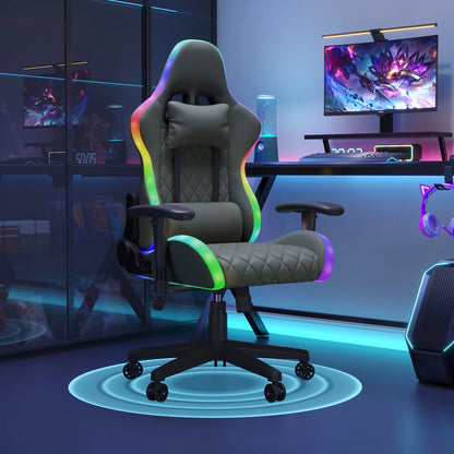 Office Chair, LED gaming chair with ergonomically adjustable backrest, PU leather office chair, lumbar support cushion & pillow
