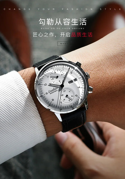 Men's Business Watch Mechanical Movement Multifunction Chronograph Stainless Steel Waterproof Automatic Calendar Sapphire