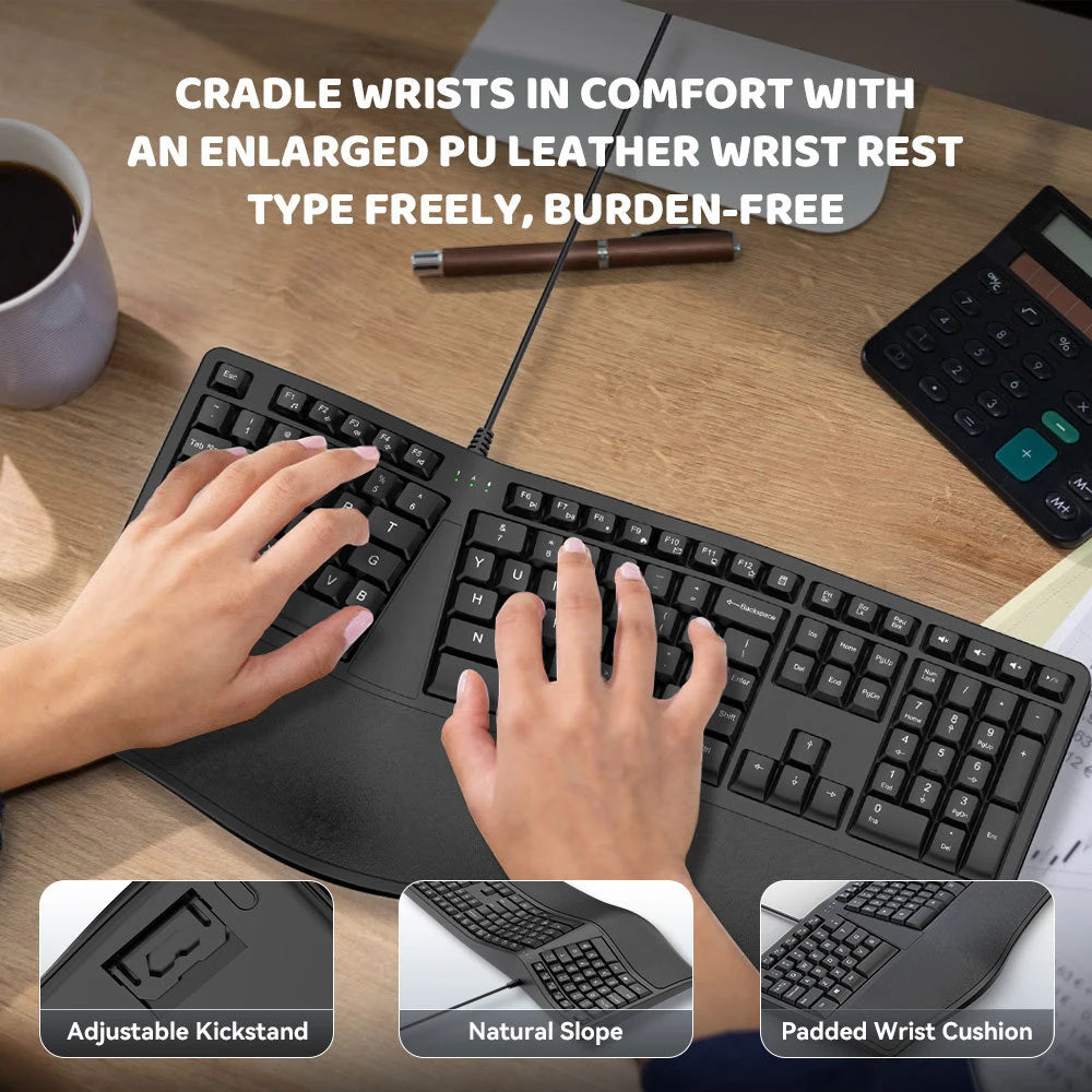 Teclado ergonómico dividido K9 USB com fios, com apoio para pulsos, 110 teclas, teclado gaming para escritórios profissionais