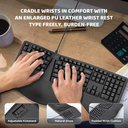 Teclado ergonómico dividido K9 USB com fios, com apoio para pulsos, 110 teclas, teclado gaming para escritórios profissionais