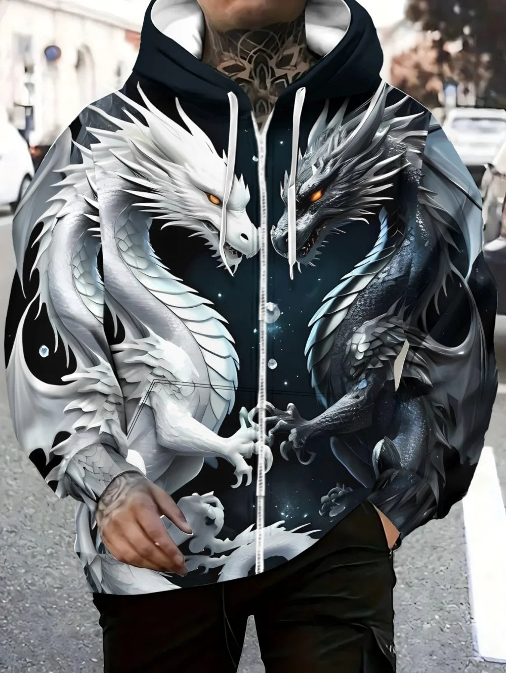 Men's Dragon Print Zipper Hoodie Outdoor Activities Travel Drawstring Long Sleeve Hoodies Autumn Winter Oversize Man Sweatshirts
