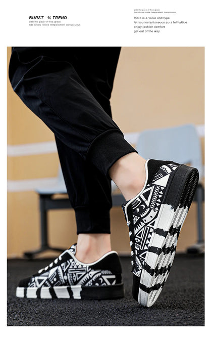 YRZL Men's Sports Running Shoes Canvas Geometric Style Lace-Up Sneakers Couples' Fashionable Graffiti Print Skate Shoes