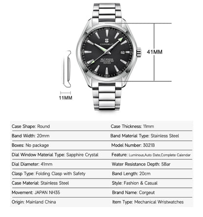 Luxury NH35 Corgeut Watch Men's 41mm Sport Clock Automatic Mechanical Wristwatch Sapphire Steel Band