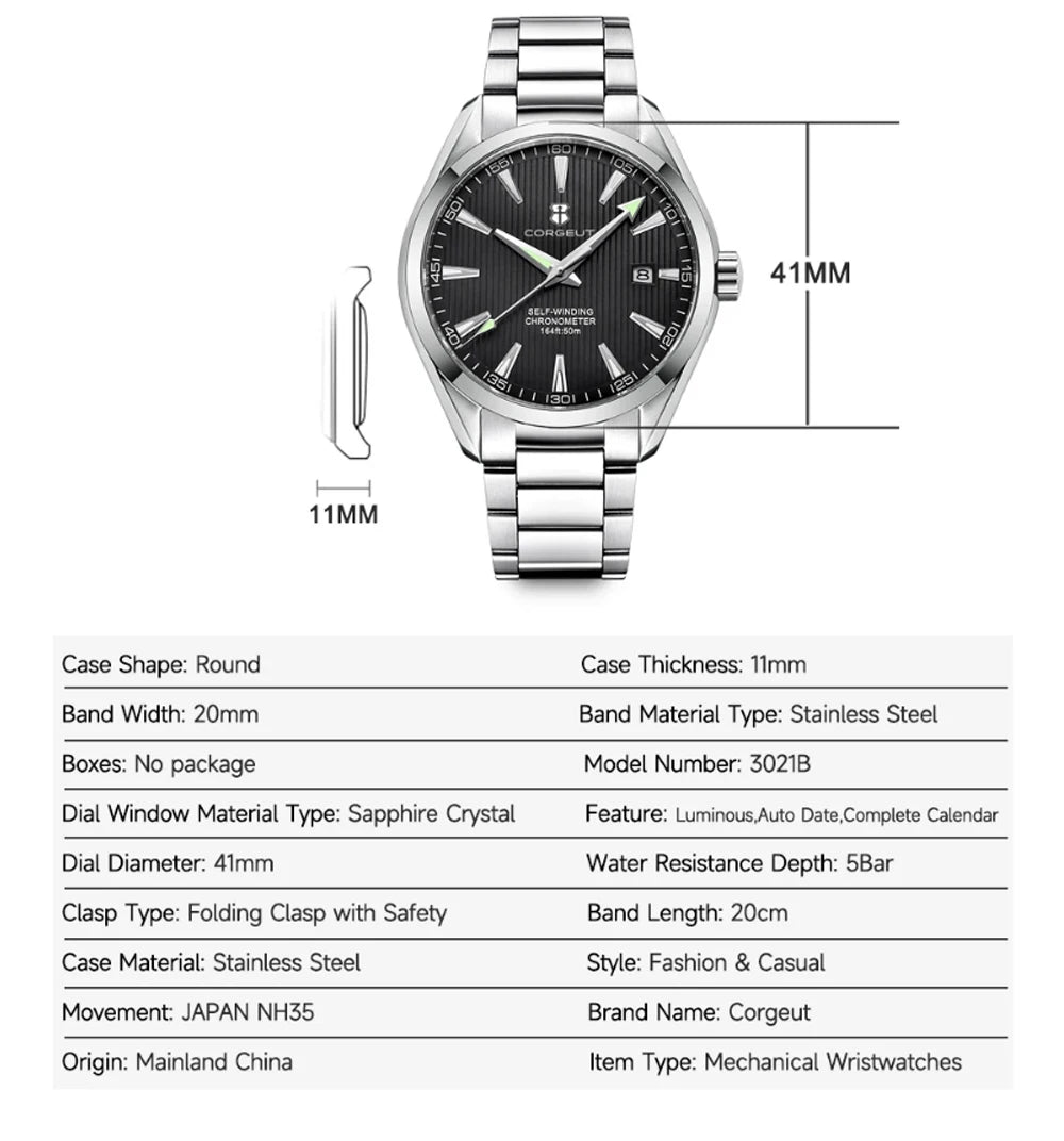 Luxury NH35 Corgeut Watch Men's 41mm Sport Clock Automatic Mechanical Wristwatch Sapphire Steel Band