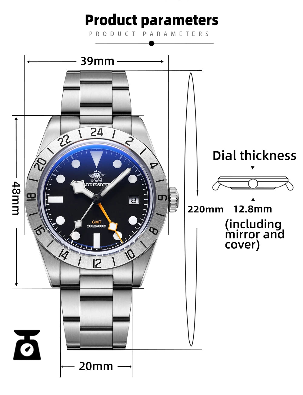 ADDIESDIVE New Luxury Men's Watch 200 Waterproof Stainless Steel Quartz Watch BGW9 Super Blue Luminous GMT Stainless Steel Watch