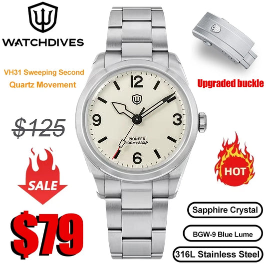 Watchdives WD1960S V2 Watch VH31 Sweep Second Movement Stainless Steel Sapphire Crystal Business Wristwatch Vintage Watches