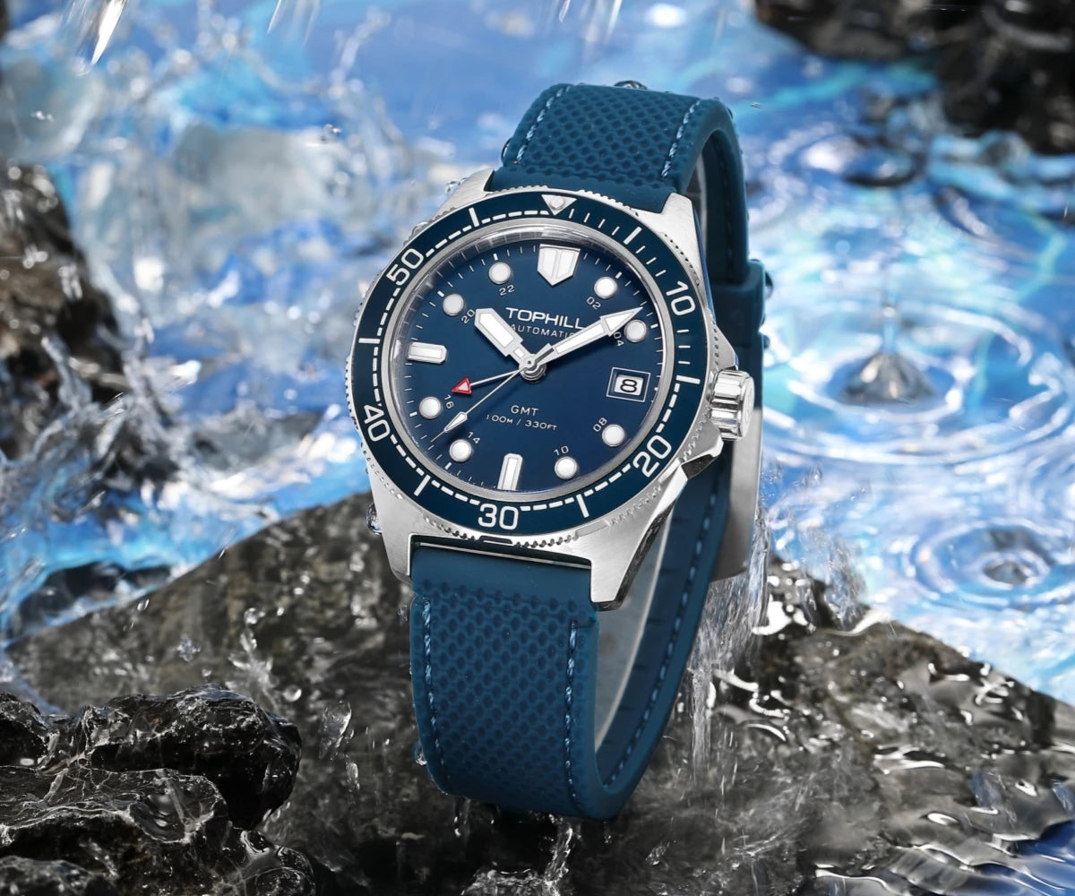 Tophill 39.5mm Automatic NH34 GMT Watch Swim 3H Date Window Mechanical C3 Green Lume 100M Waterproof Sapphire Crystal TD011G