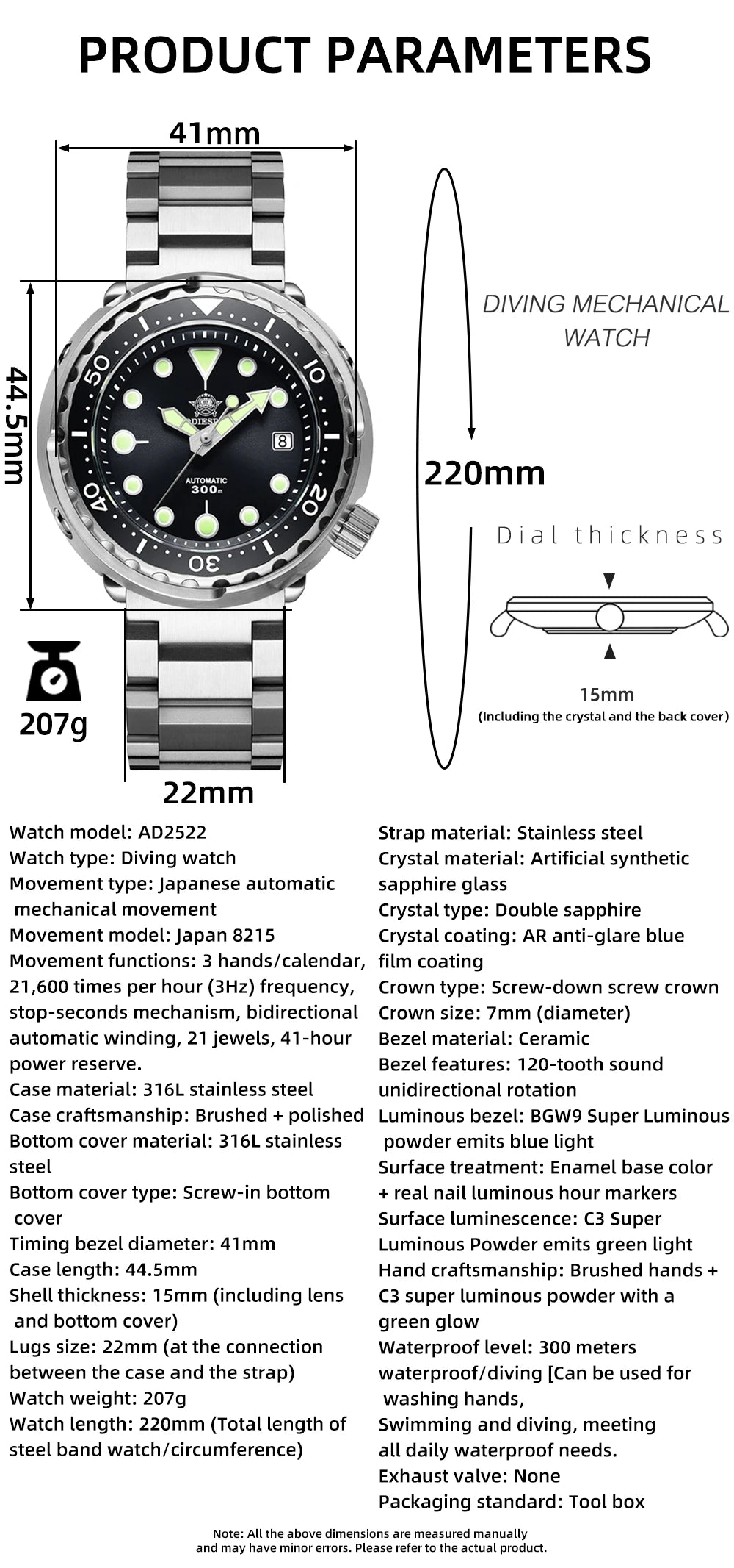 ADDIESDIVE2025 New Men's Mechanical Watch 8215 Movement Sapphire Glass Stainless Steel Watch Night Light Waterproof Diving Watch