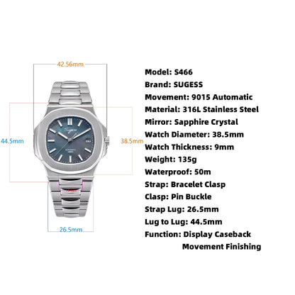 Orologio da uomo Sugess automatico meccanico, movimento Miyota 9015, quadrante MOP, luminoso, impermeabile 5bar, bracciale di lusso S466