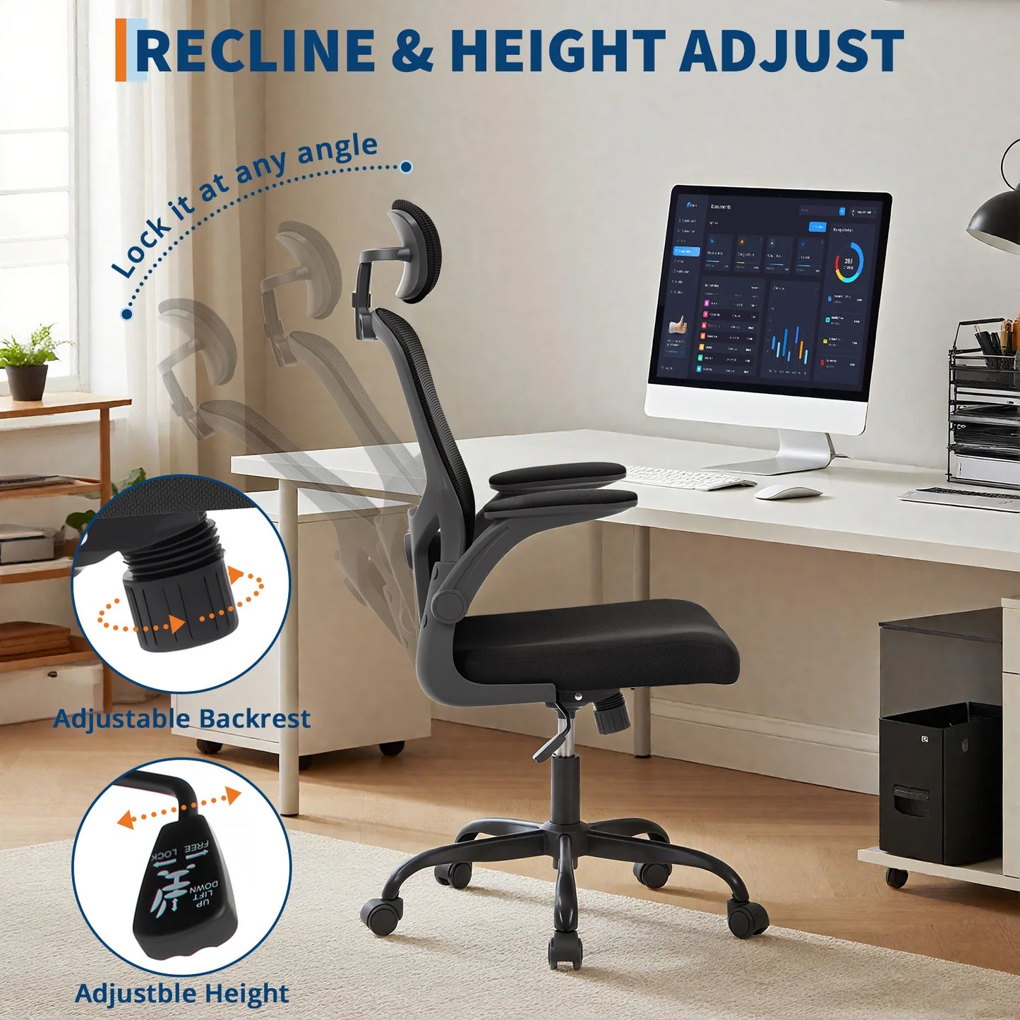 Ergonomic High Back Mesh Office Chair Adjustable 2D Headrest Lumbar Support Rotatable Arms Reclining Swivel Desk Chair for Home