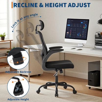 Ergonomic High Back Mesh Office Chair Adjustable 2D Headrest Lumbar Support Rotatable Arms Reclining Swivel Desk Chair for Home