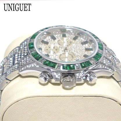 Hot Fashion Green Watches Men Brand UNIGUET Luxury Stainless Steel Hip Hop Rainbow Diamond Quartz Wristwatch Male Dropshipping ﻿