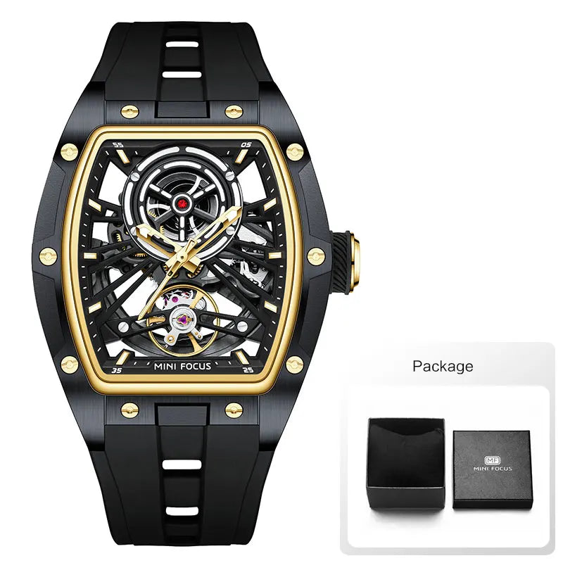 MINI FOCUS Orologio da polso da uomo fashion nero impermeabile, automatico meccanico, con lancette luminose, cinturino in silicone e quadrante tonneau