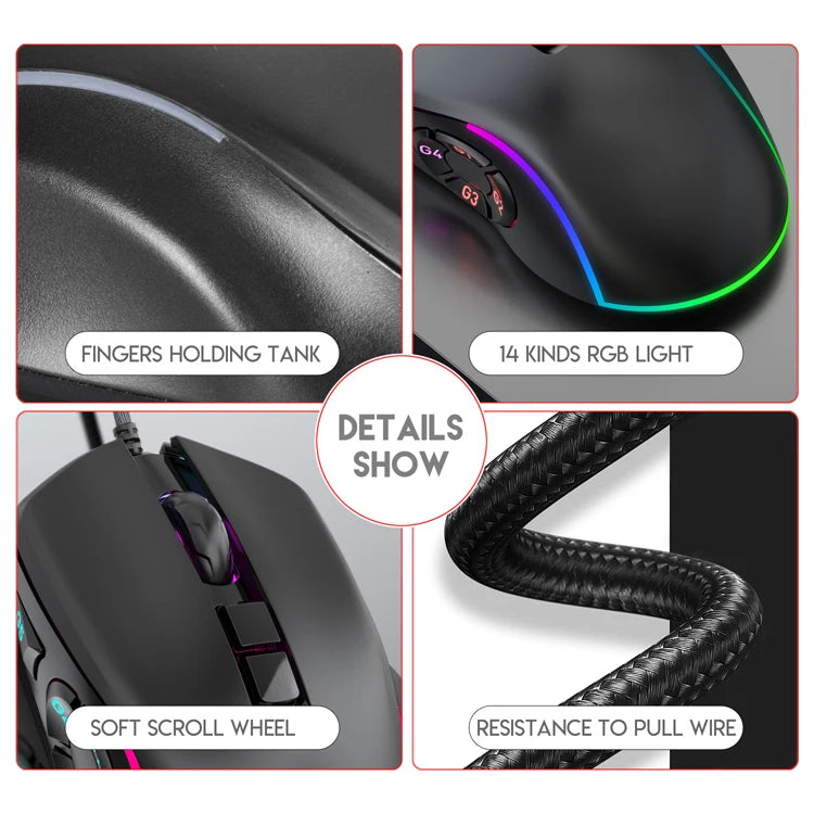 Mouse de birou pentru gaming cu fir 7200DPI, iluminare RGB, 6 niveluri DPI ajustabile/10 butoane programabile/buton de revenire la desktop