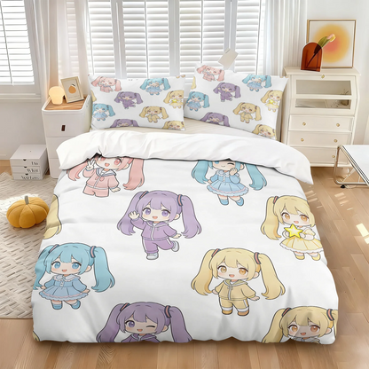 Hatsune Miku Chibi Style påslakanset – Söt anime-sängklädsel med örngott – Spelrum – Tonåringars och barns sovrumsinredning – Present till fans