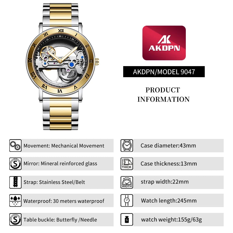 AKDPN Men's Watches Automatic Mechanical Stainless Steel Men's Wrist Watch Skeleton Automatic Watches for Man Watch Montre Homme