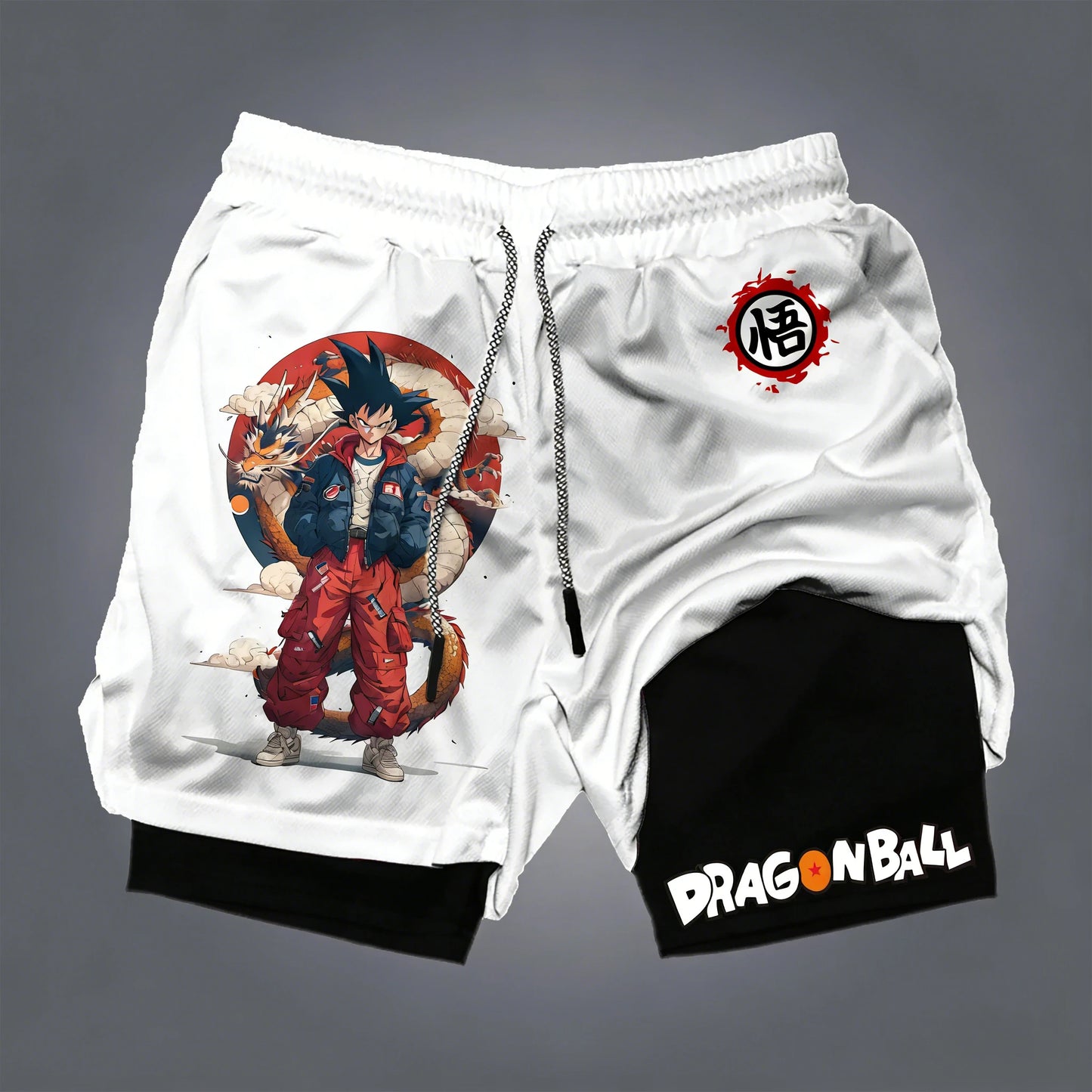 Miesten kaksikerroksiset Dragon Ball -shortsit, Son Goku, kesä, japanilainen anime, feikki-kaksiosaiset urheilu- ja fitness-shortsit, nopeasti kuivuvat