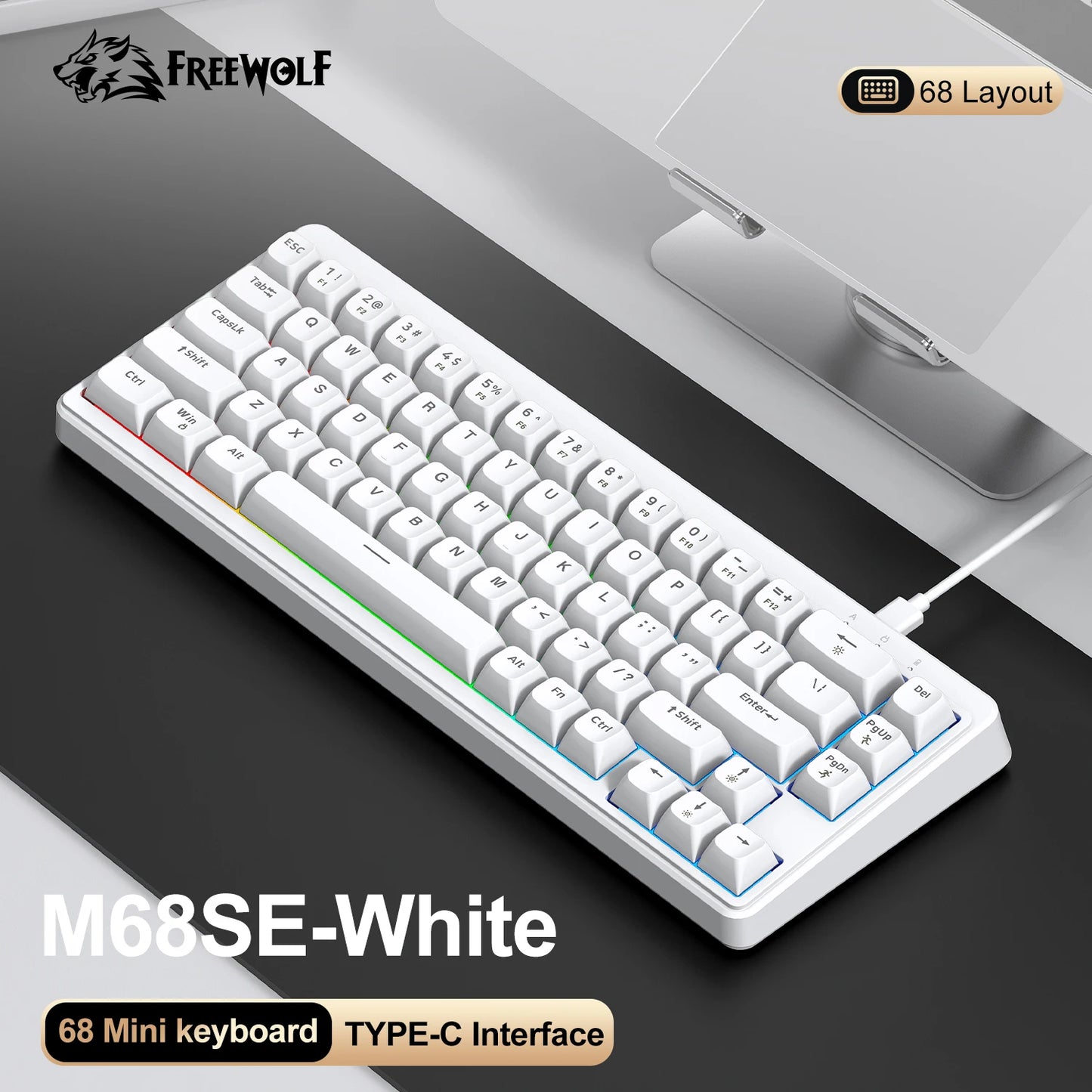 FREEWOLF M68SE Mini-Tastatur mit 68 Tasten, kabelgebunden, RGB-Hintergrundbeleuchtung, Type-C, 68-%-Layout, kompakt, für Gaming, Büro, PC und Laptop