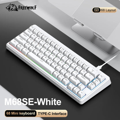 FREEWOLF M68SE Mini-Tastatur mit 68 Tasten, kabelgebunden, RGB-Hintergrundbeleuchtung, Type-C, 68-%-Layout, kompakt, für Gaming, Büro, PC und Laptop