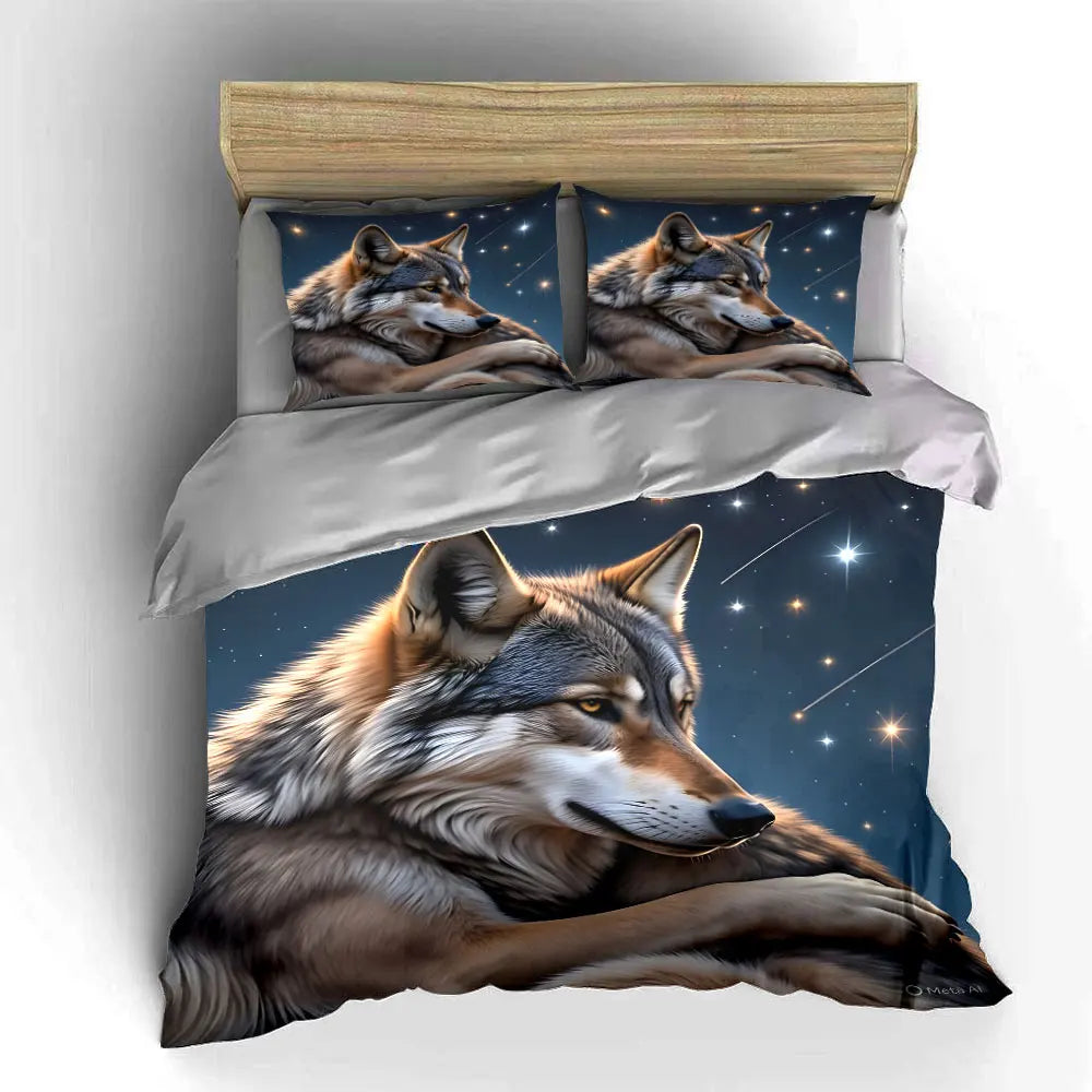 Wolf with Starry Background Print Bedding Set 1 Duvet Cover 2 Pillowcases for Adult and Children Luxury Gift Full Size