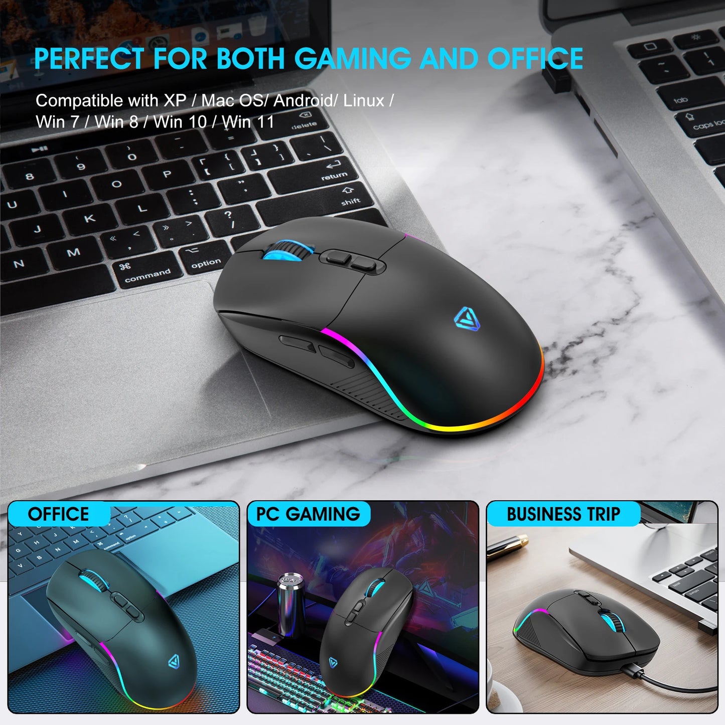 Mouse tri-mod 2.4G wireless/Bluetooth/cu fir, DPI reglabil pe 6 trepte, baterie 500mAh, iluminare RGB, mouse esports pentru gaming, macro și birou