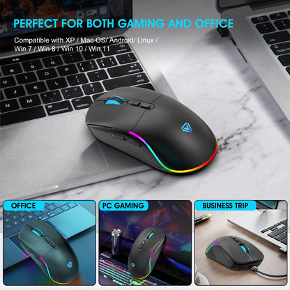 Mouse tri-mod 2.4G wireless/Bluetooth/cu fir, DPI reglabil pe 6 trepte, baterie 500mAh, iluminare RGB, mouse esports pentru gaming, macro și birou