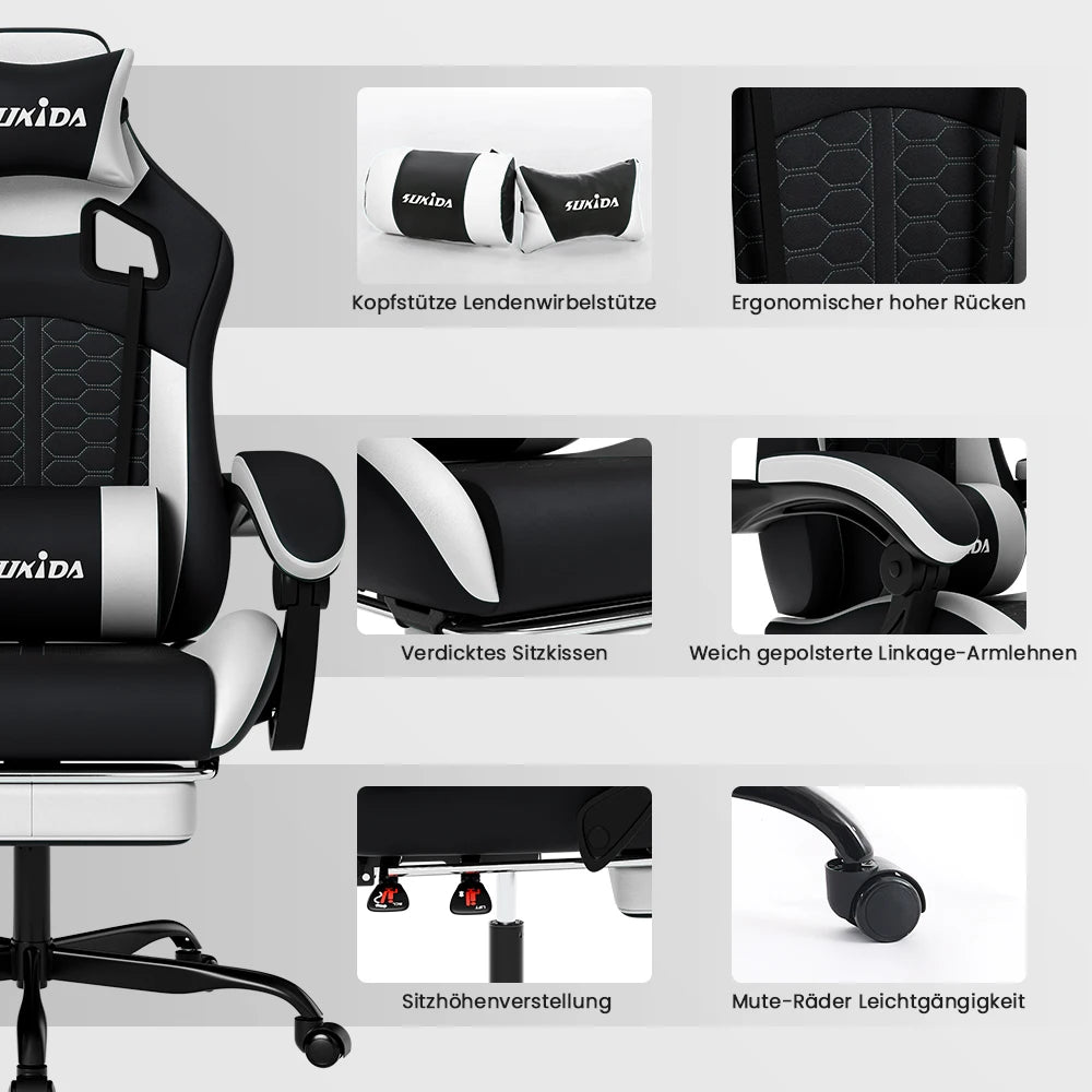 SUKIDA Ergonomic Racing Gaming Chair Adjustable Swivel with Headrest and Lumbar Support for Office and Gaming