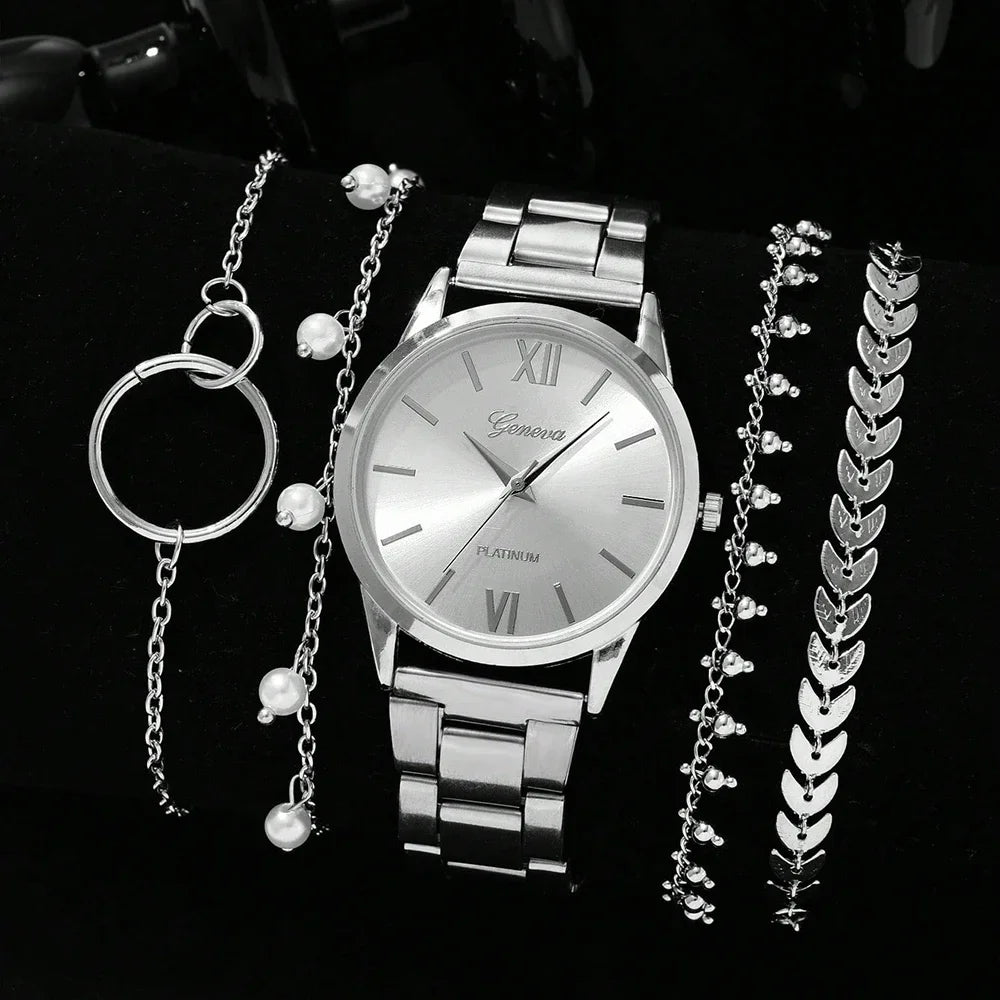 5PCS Quartz Watch Set Women Fashion Silver Round 3 Eyes Alloy Strap Wristwatch Gift Rhinestone Watch For Women Jewelry Set