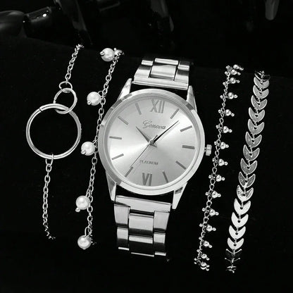 5PCS Quartz Watch Set Women Fashion Silver Round 3 Eyes Alloy Strap Wristwatch Gift Rhinestone Watch For Women Jewelry Set