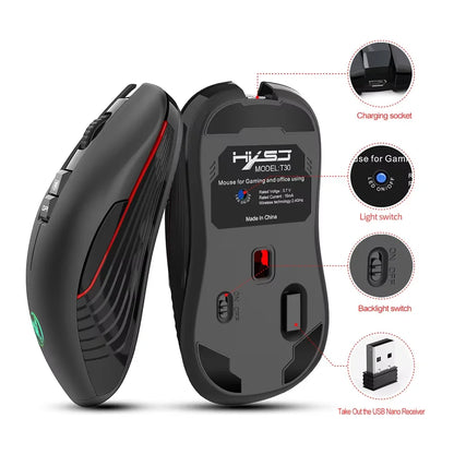 Rato sem fios USB recarregável para destros, com Type-C, para computador portátil, clique silencioso, retroiluminação gaming e 3600cpi