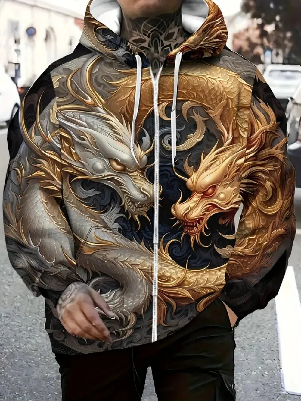 Men's Dragon Print Zipper Hoodie Outdoor Activities Travel Drawstring Long Sleeve Hoodies Autumn Winter Oversize Man Sweatshirts