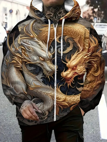 Men's Dragon Print Zipper Hoodie Outdoor Activities Travel Drawstring Long Sleeve Hoodies Autumn Winter Oversize Man Sweatshirts