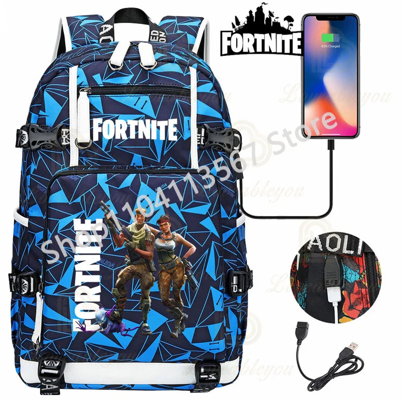 Ultima Knight F-Fortnited Battle Royale Rucksack mit USB-Ladeanschluss, Anime-Figuren und Studienfach für Schreibwaren für Schüler