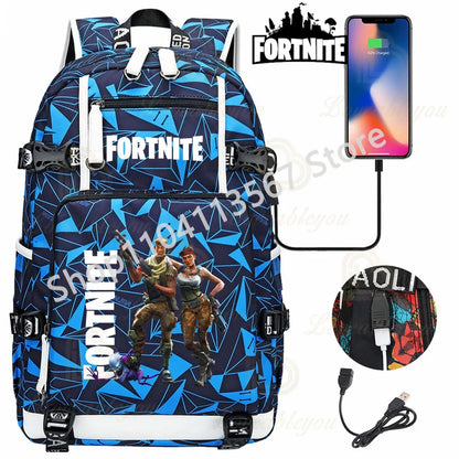 Ultima Knight F-Fortnited Battle Royale Rucksack mit USB-Ladeanschluss, Anime-Figuren und Studienfach für Schreibwaren für Schüler