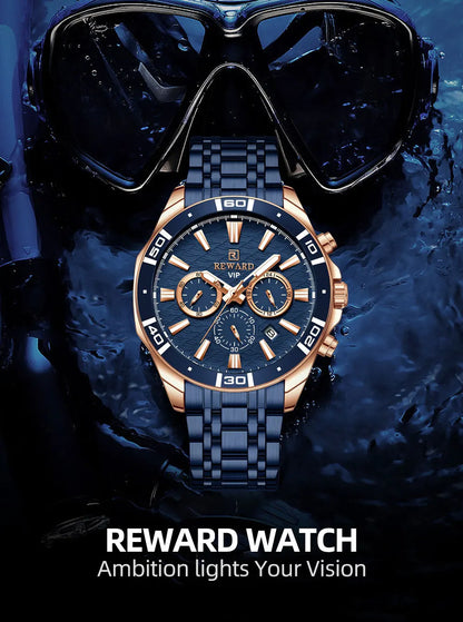 REWARD Mens Watches Waterproof  Luminous Quartz Wristwatch Business Stainless Steel Strap with gift box