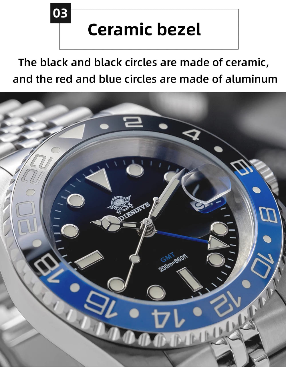 ADDIESDIVE Watch For Man Quartz GMT 20Bar Waterproof BGW9 Super Luminous 316L Stainless Steel Ceramic Bezel Watch